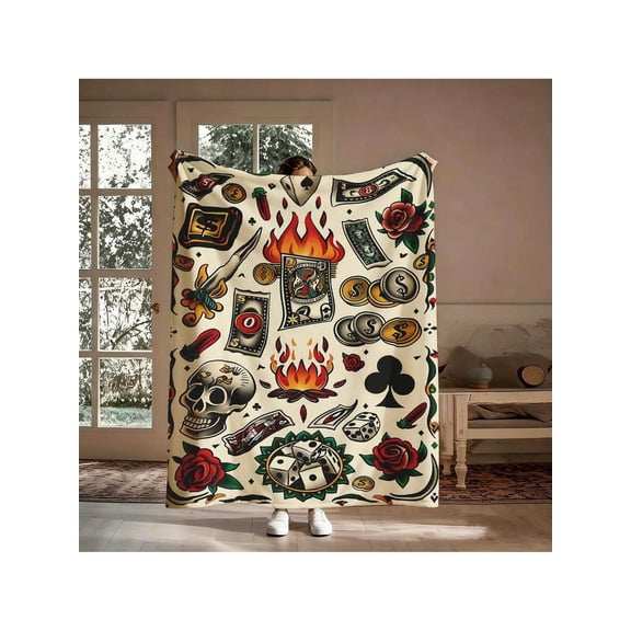 Gambler Style Tattoo Art Flannel Blanket - Skull, Rose, Dice, dollar & Poker Designs, Cozy Warm All-Season Throw for Couch, Bed, Camping, Machine Washable Gift for Men