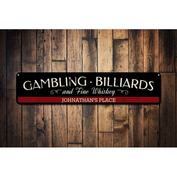 Gambling Billiards & Fine Whiskey Sign Bartender Name Sign Custom Beer Sign Metal Bar Decor Billiards - Size: 16 x 4 Inches