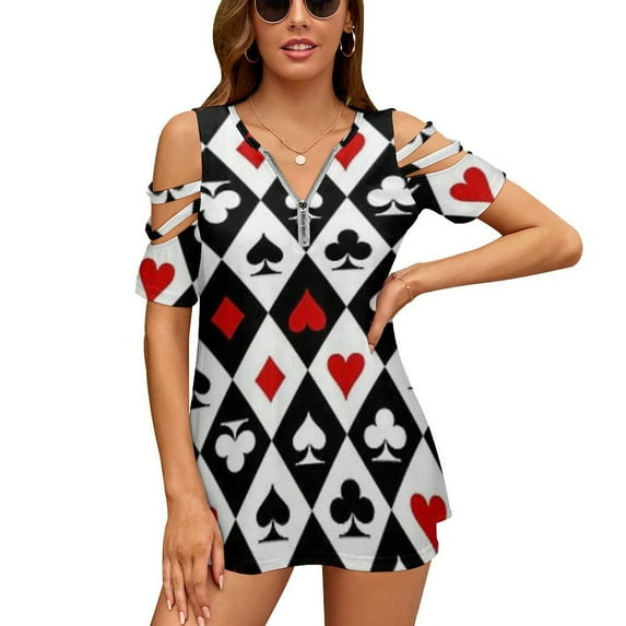 Gambling Casino Cards Womens Summer V Neck Zipper Top Short Sleeve T Shirt Off Shoulder Top Casual Classy Loose Shirts