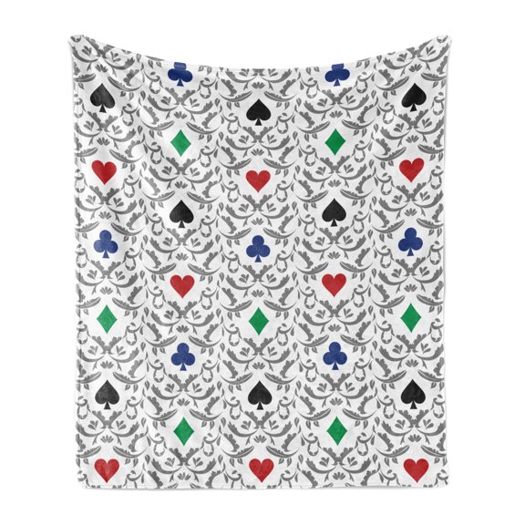 Gambling Soft Flannel Fleece Throw Blanket, Hearts Spades Diamonds and Blubs with Victorian Swirling Ornaments, Cozy Plush for Indoor and Outdoor Use, 50" x 70", Multicolor, by Ambesonne