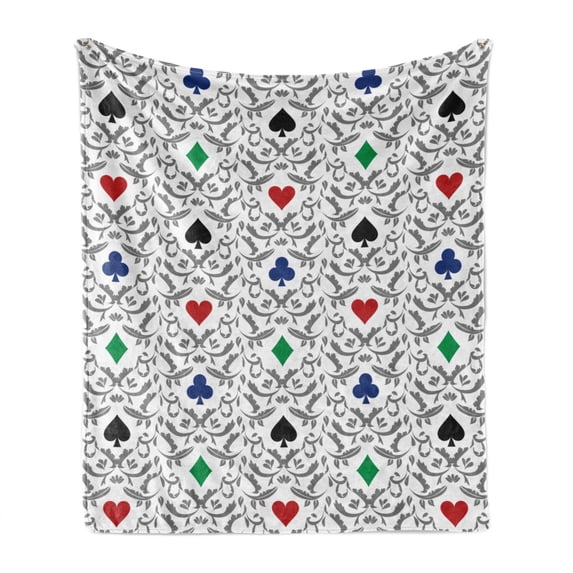 Gambling Soft Flannel Fleece Throw Blanket, Hearts Spades Diamonds and Blubs with Victorian Swirling Ornaments, Cozy Plush for Indoor and Outdoor Use, 60" x 80", Multicolor, by Ambesonne