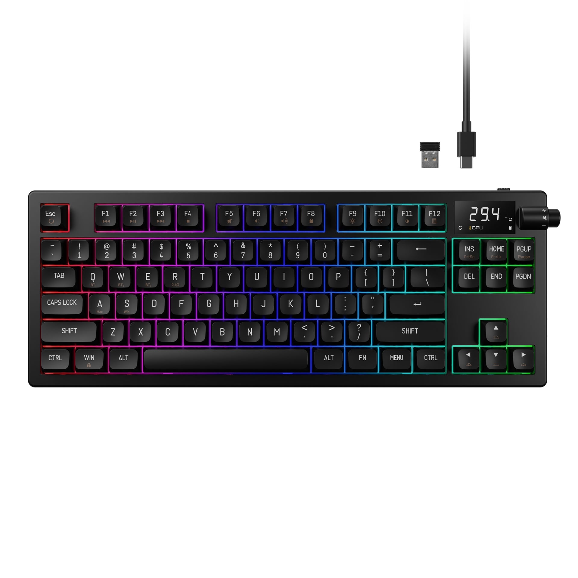 Gamdias HERMES M7 Hybrid Mechanical Gaming Keyboard with CPU/GPU Temperature Display, Bluetooth and 2.4GHz Wireless, Volume Control Knob, Hot-Swappable, USB Type-C