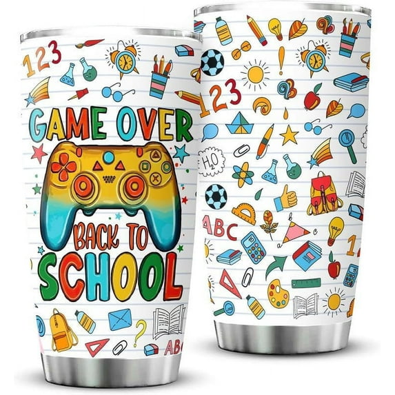 Game Over Back To School Funny Kids First Day School Gifts for Boys Girls First Day of School Gifts Items for Son Daughter Coffee Mug Stainless Steel Tumbler with Lid And Straws 20oz