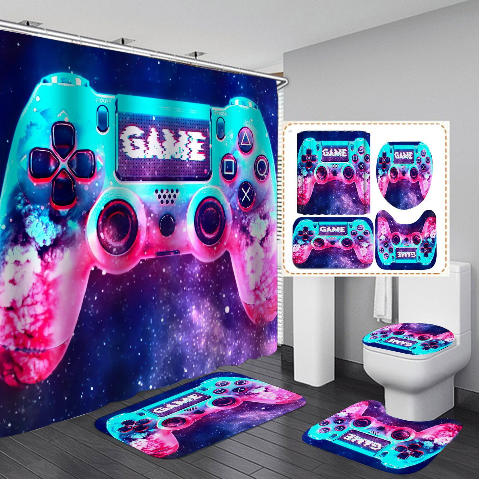Game Bathroom Set with Shower Curtain and Rugs Accessories, Computer
