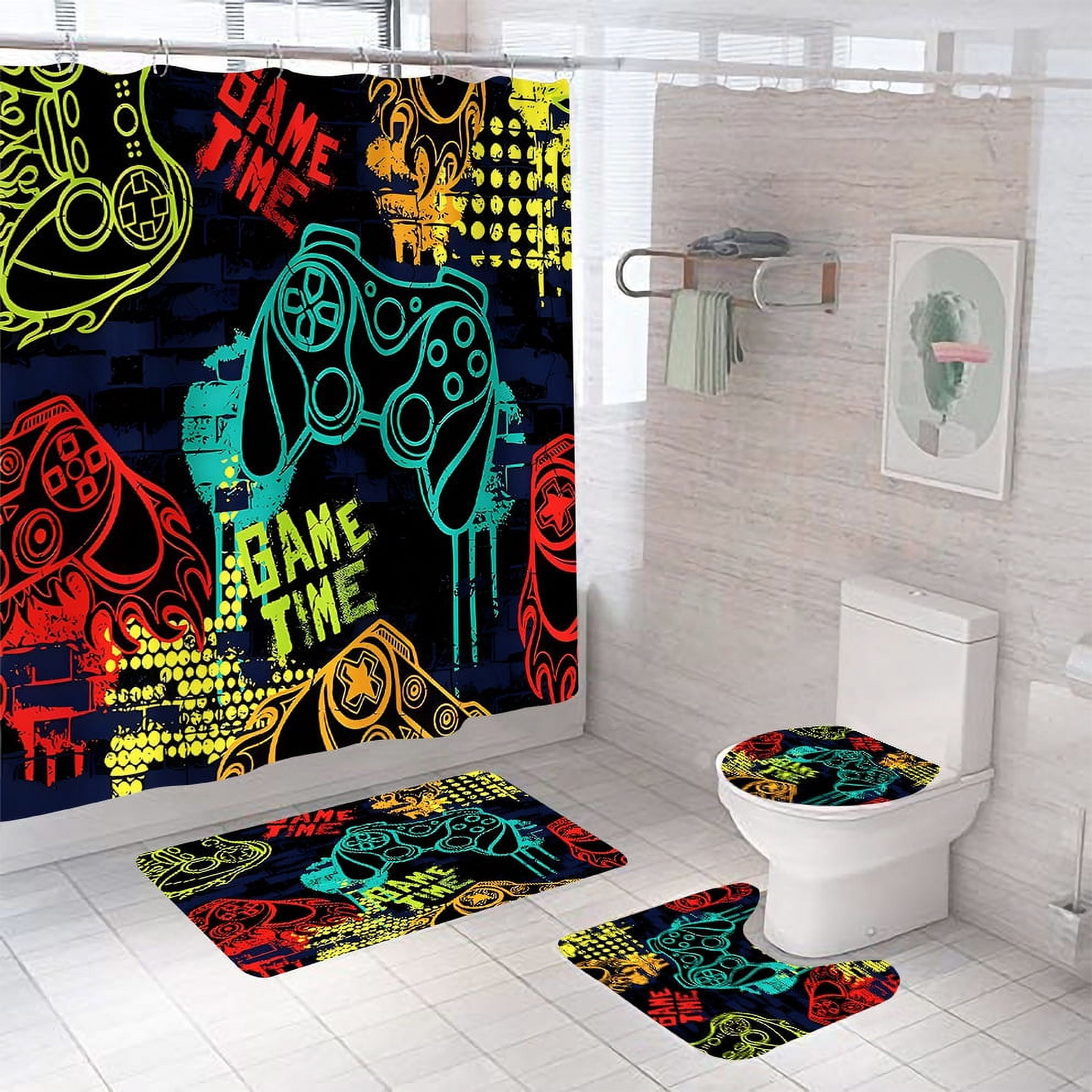 Game Bathroom Set with Shower Curtain and Rugs Accessories, Computer