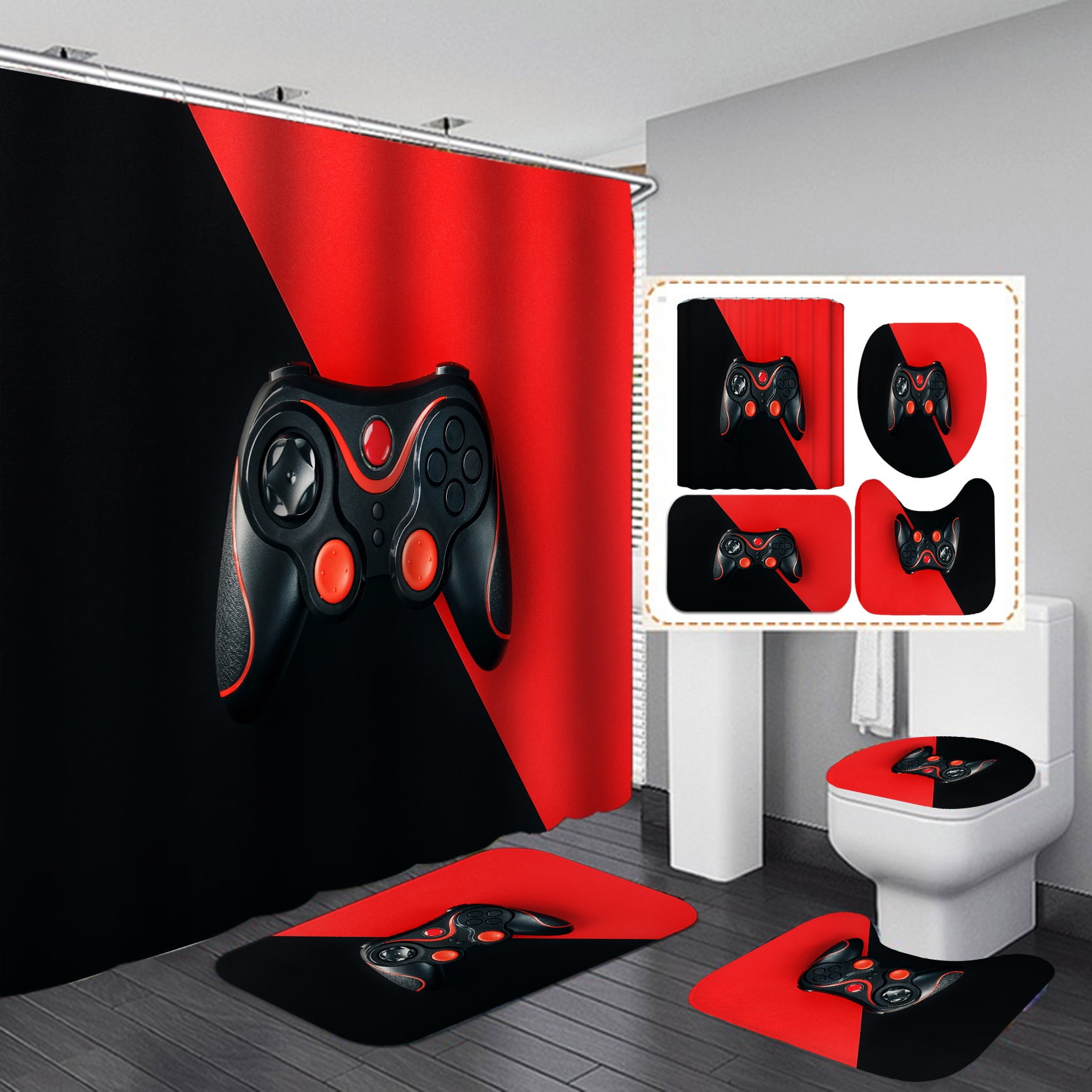 Game Bathroom Set with Shower Curtain and Rugs Accessories, Computer
