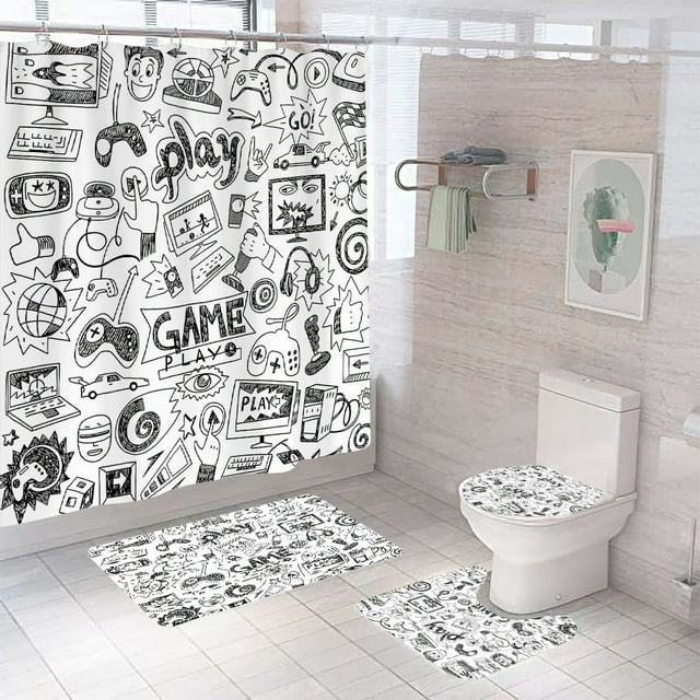 Game Bathroom Set with Shower Curtain and Rugs Accessories, Computer