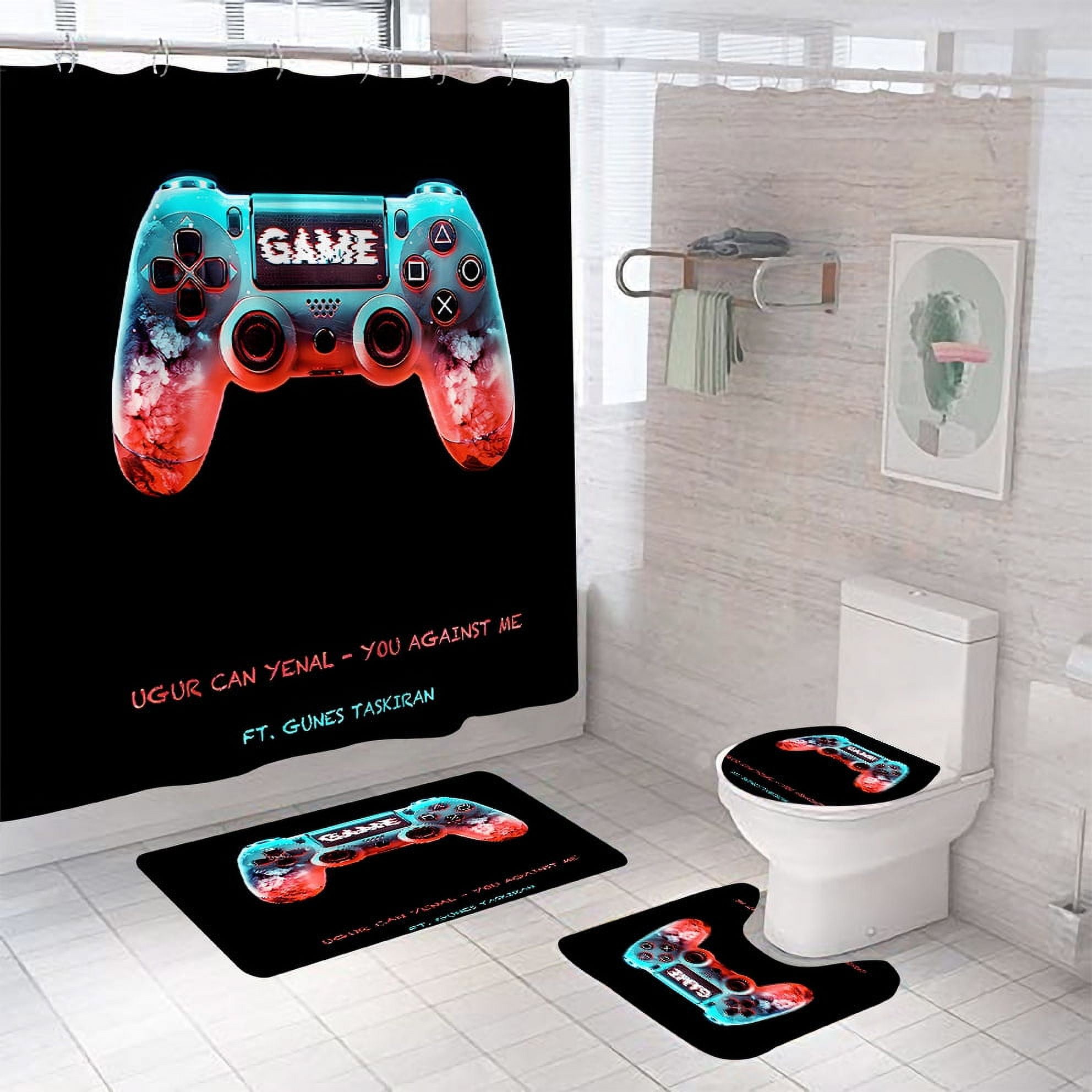 Game Bathroom Set with Shower Curtain and Rugs Accessories, Computer