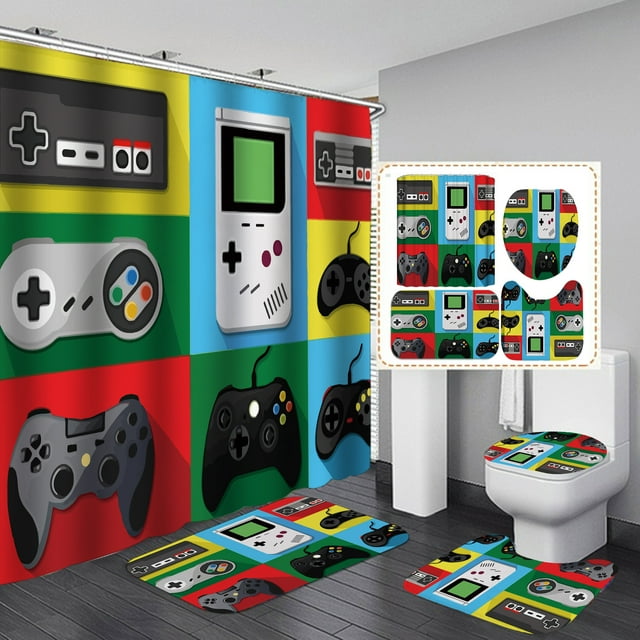 Game Bathroom Set with Shower Curtain and Rugs Accessories, Computer