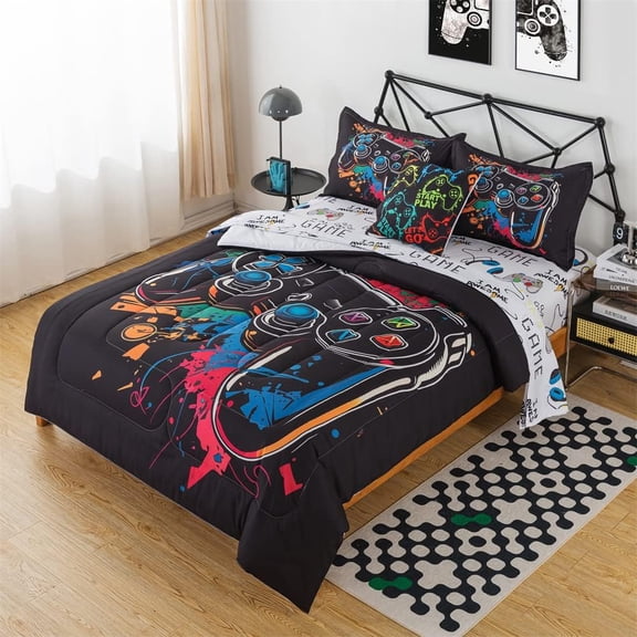 Game Bedding Full for Boys Gaming Bedding Sets 6Pcs for Kids Teens Game Comforter with Sheets Soft Microfiber Video Games Bed in A Bag Console Design Bed Set with Gamepad and Headset Sheet