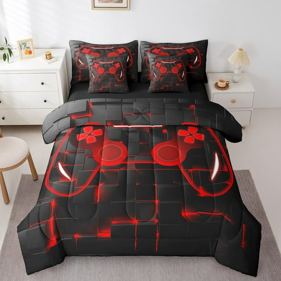 Game Bedding Sets ,Gaming 7 Pcs Comforter Set Twin, Gamer Bed In A Bag with Flat Sheet and Fitted Sheet Neon Lights Gamepad Bed Set for Men,Geometry Grid Comforter,Red Black