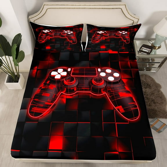 Game Bedding Sets s,Gaming Fitted Sheet Twin,Gamer Bed Sheets Neon Lights Gamepad Bed Set for Teen Men Bedroom,Geometry Grid Sheets 2Pcs with 1 Pillow Case,Red Black（No Top Sheet）