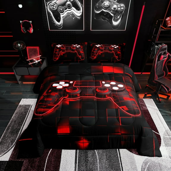 Game Bedding Sets ,Gaming Comforter Set Twin, Gamer Duvet Set Neon Lights Gamepad Bed Set for Teen Men Bedroom,Geometry Grid Reversible Comforter with 1 Pillowcase,Red Black