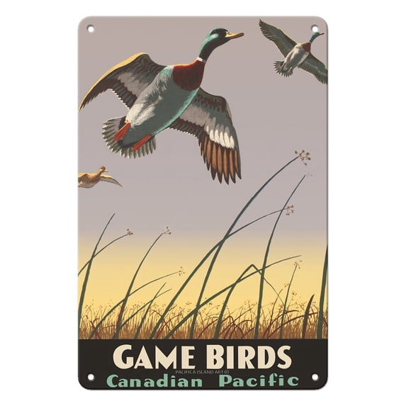 Game Birds - Canadian Pacific Railway - Vintage Railroad Travel Poster by Thomas (Tom) Hall c.1941 - 8 x 12 inch Vintage Metal Tin Sign