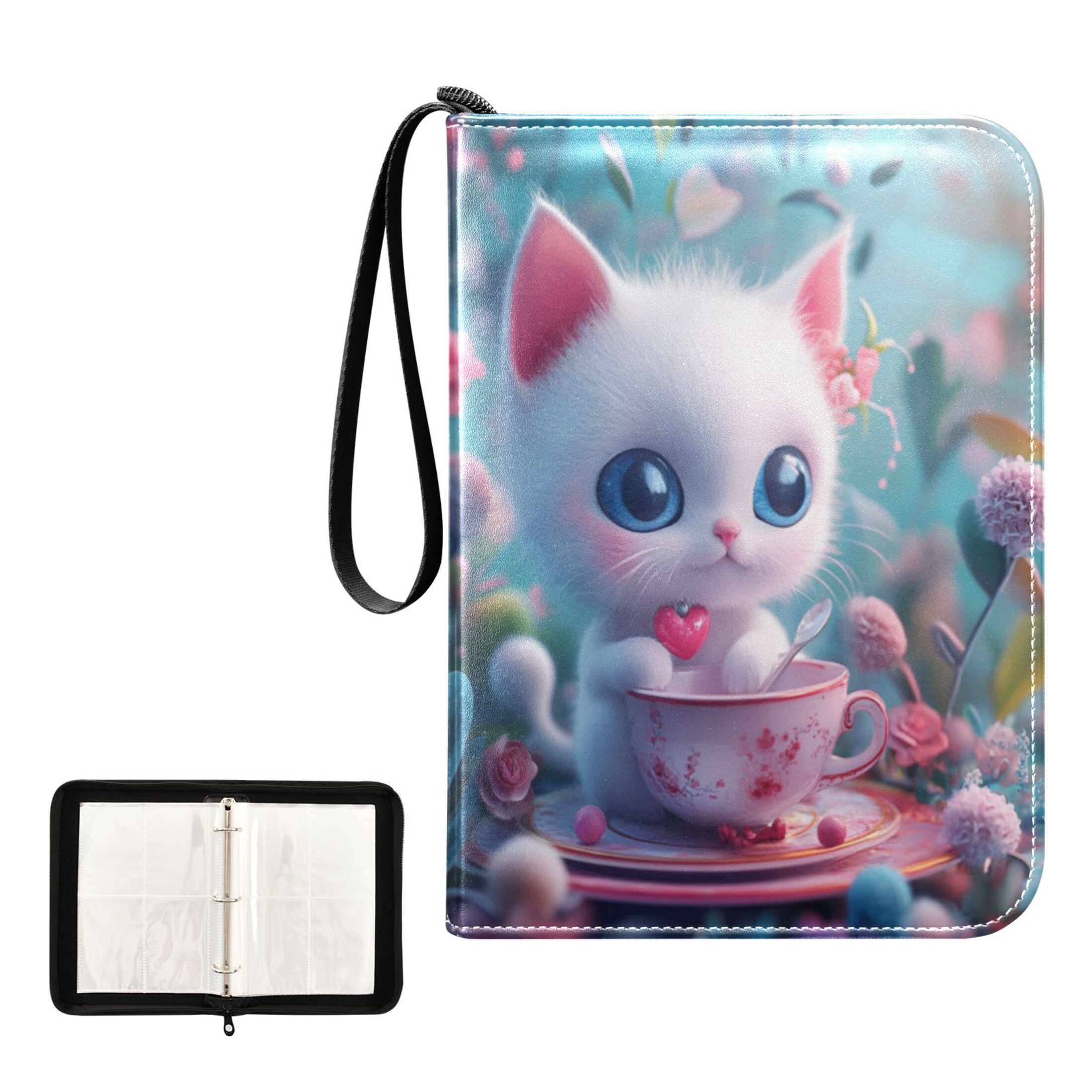 Game Card Storage Bag Collectible Trading Card Albums The 4-Pocket Card Binder With 50-Page Sleeve Can Hold 400 Game Cards Lovely Cartoon Little White Cat