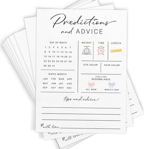 Game Cards for New Parents, Printed Predictions and Advice Cards, Gender Neutral Minimalist Design, Fun Activity for Guests, 30 Keepsake Cards, White