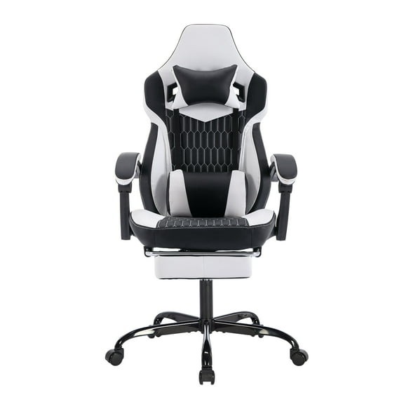 Game Chairs Gaming Chair with Footrest, High Back Gaming Chairs PVC Leather Ergonomic Office Gamer Chair Headrest Lumbar Support Racing Style Video Gaming Chair (Black White),Recreation Room Chairs