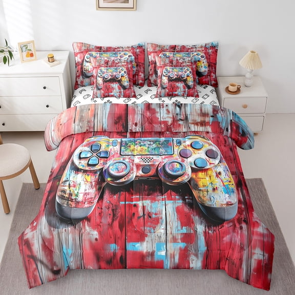 Game Comforter Set 7 Pieces,Colorful Gamepad Bed Set ,Watercolor Wooden Stripes Bedding Bed in a Bag Soft,Twin (1 Comforter,2 Pillowcase,2 Pillow Covers,1 Flat Sheet,1 Fitted Sheet)