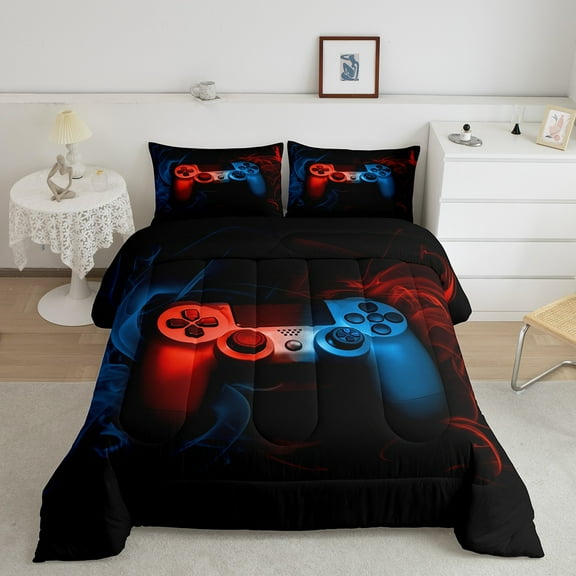 Game Comforter Set Twin Size,Teens Gamer Room Decor Duvet Insert, Gaming Console Bedding Set, Gamepad Video Games Joysticks Quilted Duvet,Modern Retro Bedroom Decor Red Blue
