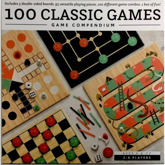 Game Compendium 100 Classic Games with 5 Double-Sided Boards, Classic Board Games, Ages 6+, 93 PCS