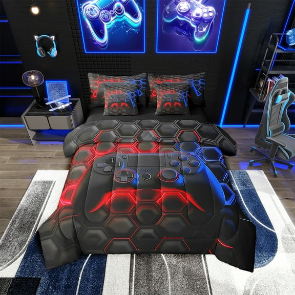Game Console 7 Pcs Bed in a Bag Twin Space Universe Gaming Bedding Sets Video Game Comforter Set with Sheets Game Room Decor Bed Set Red Blue Geometry Honeycomb Sheet Set