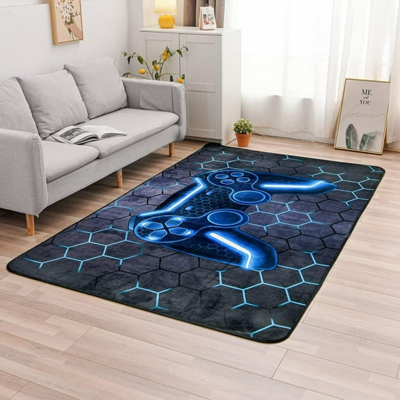 Game Console Area Rug for Bedroom Sofa Playroom Gaming Geometric Bedside Rugs Gamer Decorative Floor Mat Carpet (3x5 Feet, Blue)