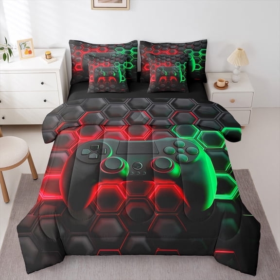 Game Console Bed in a Bag 7 Pcs Twin Space Universe Gaming Bedding Sets Video Game Comforter Set with Sheets Game Room Decor Bed Set Red Green Geometry Honeycomb Sheet Set