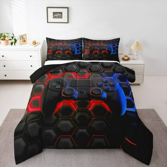 Game Console Comforter Set Twin Space Universe Gaming Bedding Video Game Bedding Comforter Sets Game Room Decor Duvet Insert Red Blue Geometry Honeycomb Quilt