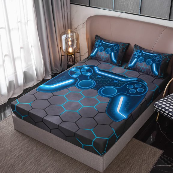 Game Console Fitted Sheet Set for Boys Girls Kids 3D Gaming Geometric Lightweight Gamer Microfiber Mattress Cover Sets(Blue,Full)