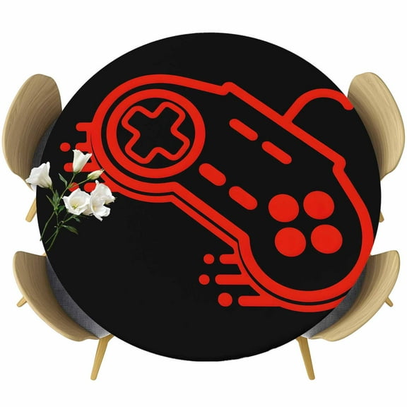 Game Console Round Tablecloth 36-44 Inch Round Fitted Table Cloth with Elastic Edge, Red Black Gameing Modern Art Waterproof Table Cover Protector for Outdoor Picnic Party Dining
