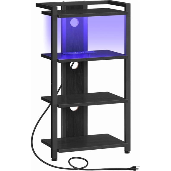 Game Console Shelf, 4-Tier Video Gaming Consoles Stand with Outlet & RGB Light, Audio Rack Tower for Turntable, Stereo Equipment, Wooden Entertainment Storage Stand, Black BB38UDCJ01