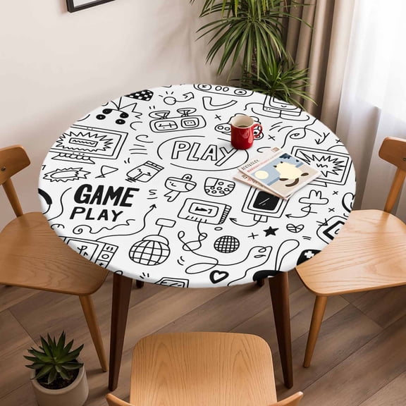 Game Console Sketch Round Fitted Tablecloth with Elastic Edge,Waterproof Table Cloth Fits Tables Up to 45"-54",Wipeable Washable Table Cover for Indoor Outdoor Dinning,Black And White Gaming Art