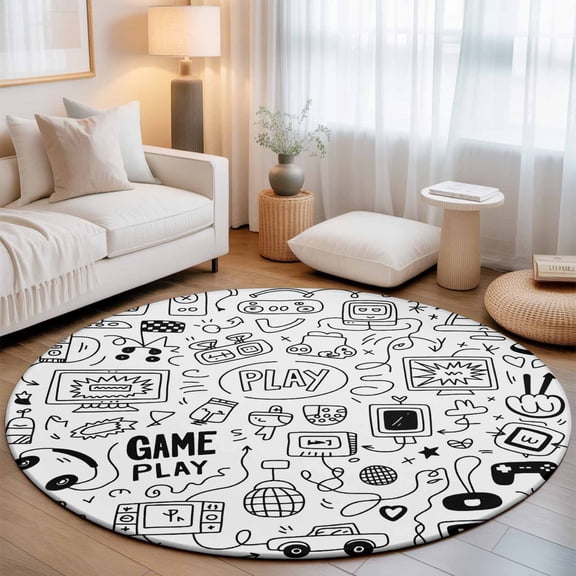 Game Console Sketch Round Rug 5ft Black And White Gaming Art Washable Area Rugs for Living Room Bedroom Entryway Non Slip Entrance Door Mat Indoor Floor Carpet