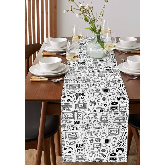 Game Console Sketch Table Runner 13x72in Non-Slip Cotton Linen Table Runners, Black And White Gaming Art Dresser Scarves TableRunner for Dinner Kitchen Dining Wedding Party