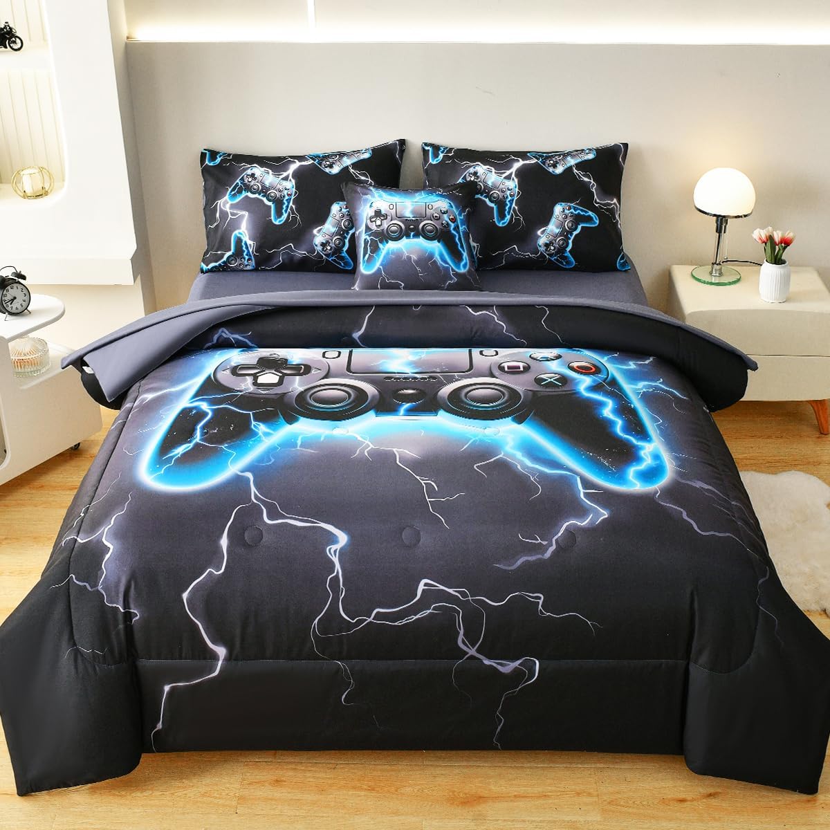 Game Console Twin Comforter Set with Sheets, Microfiber 6 Pcs Bed in A