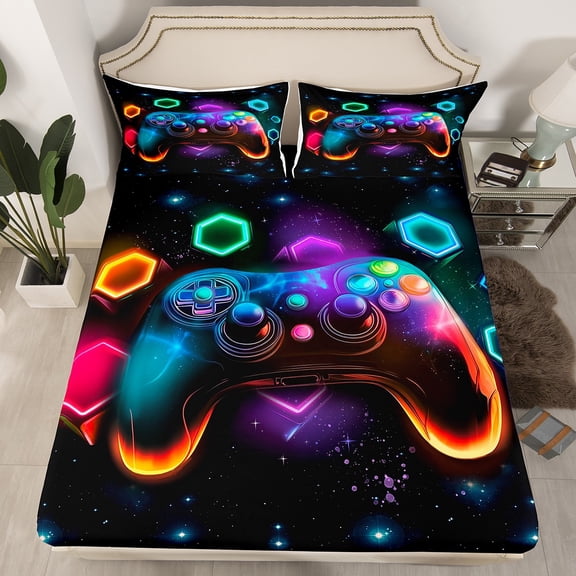 Game Consoles Gaming Bed Sheets Queen Gamer Gifts,Gamer Fitted Sheet Space Glow Geometry Sheets Red Green Blue Teal,Game Room Decor Bedroom Decor (No Top Sheet)