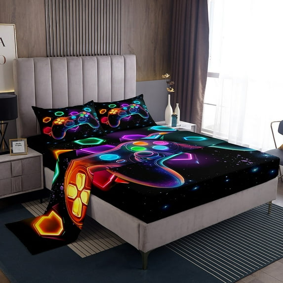Game Consoles Sheet Set Full Gamer Gifts,Gamer Bed Sheets Set Space Glow Geometry Sheets Red Green Blue Teal,Gaming Room Decor Bedroom Decor