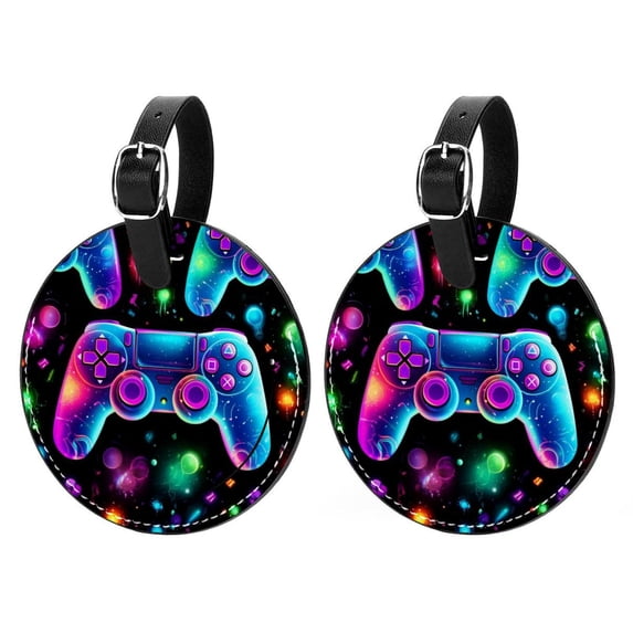 Game Controller 2pcs PU Leather Round Bag Tags Suitcase Handbag Tags with Privacy Cover and Name ID Tag for Travel Luggage, Handbags, Backpacks, School Bags