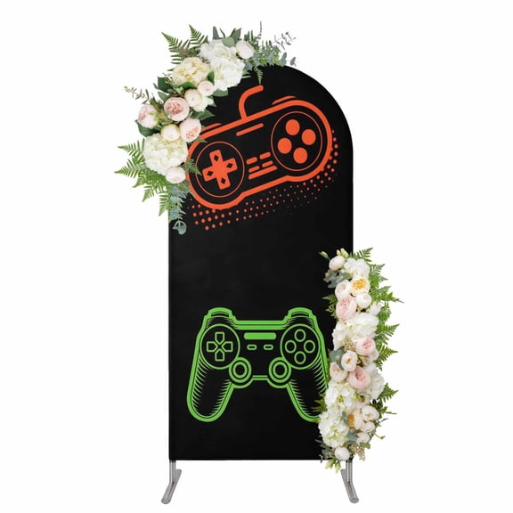 Game Controller Arch Backdrop Cover 4FT, Modern Art Gaming Handheld Black Spandex Fitted Stretchy Arch Stand Covers, Round Top Chiara Backdrop Cover for Wedding Party Birthday Baby Shower