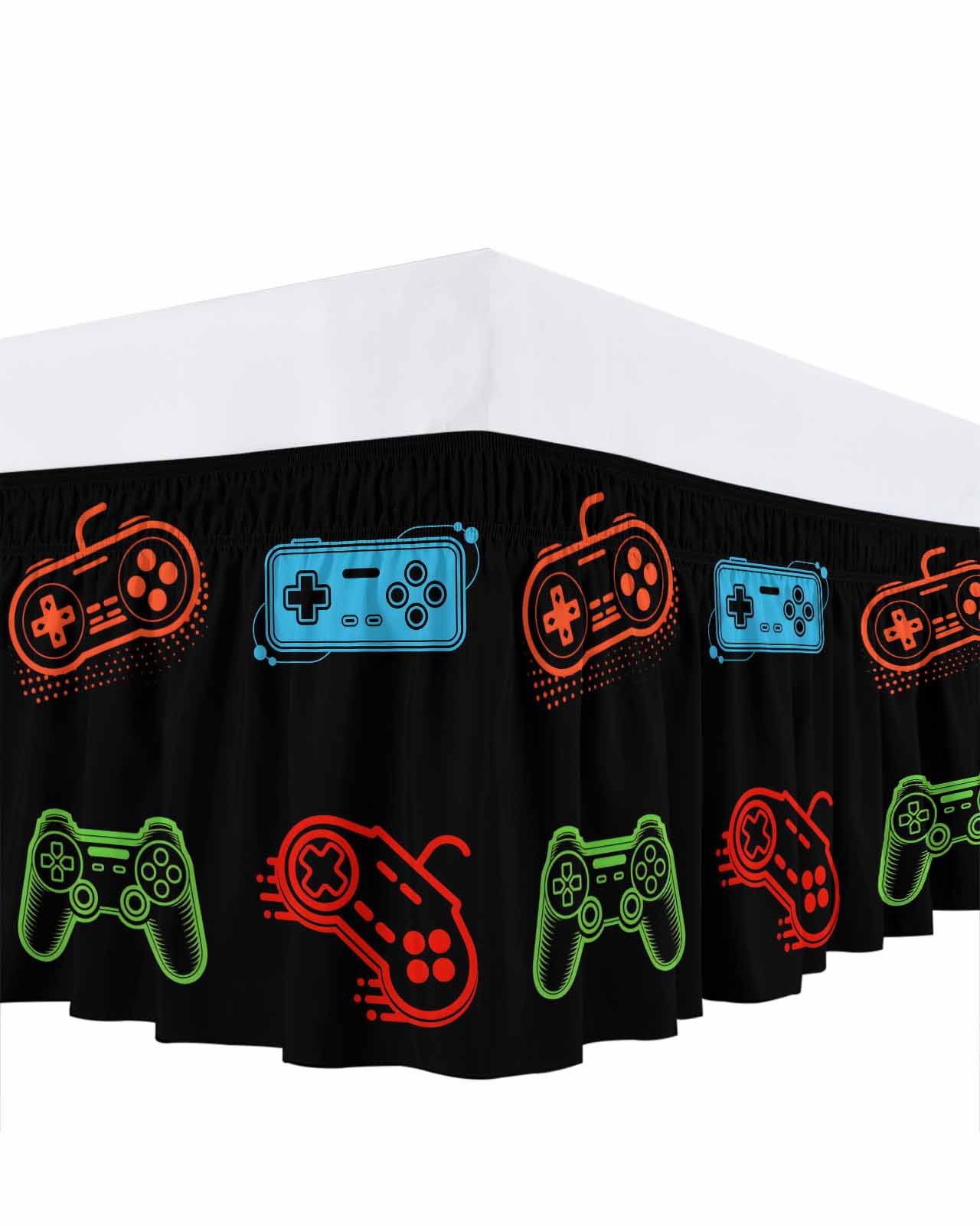 Game Controller Bed Skirt Queen Size, Modern Art Gaming Handheld Black Wrap Around Bed Skirting with Adjustable Elastic Strap, Dust Ruffle Pleated Bedskirts 16 Inch Drop for Bedroom Queen Beds