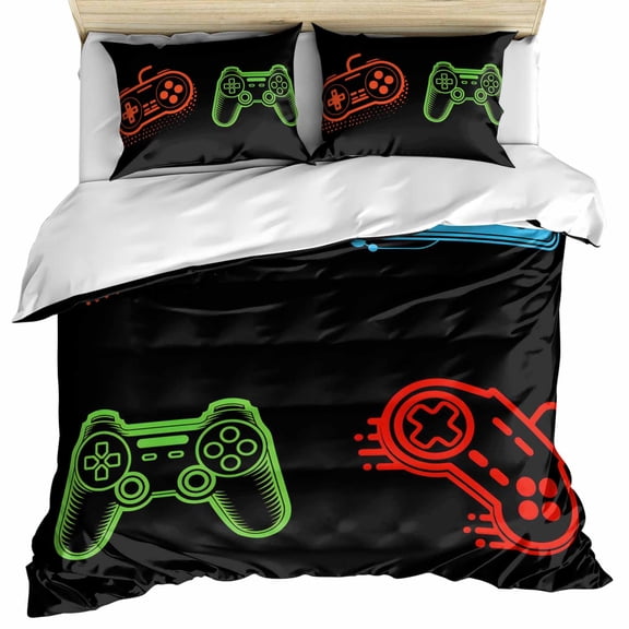 Game Controller Bedding 3 Piece Duvet Cover Set Queen Size, Modern Art Gaming Handheld Black Soft Microfiber Comforter Cover with Zipper Closure & Pillowcases, Wrinkle & FadeResistant Quilt Cover