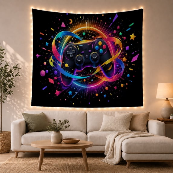 Game Controller Against Black Background With Radiant Neon Burst Energetic Digital Art for Gamers Vibrant Gamer Decor Birthday Gift Tapestry Wall Hanging for Gaming Room and Teen Bedroom