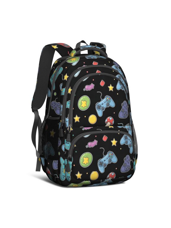 Game Controller Black Pattern 16.9 Inch Lightweight School Bag, Cute Multi-Pocket Backpack with Padded Back for Daily Use