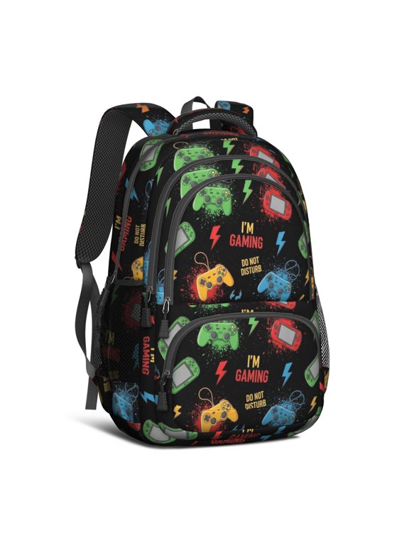 Game Controller Black Pattern 16.9 Inch Lightweight School Bag, Cute Multi-Pocket Backpack with Padded Back for Daily Use