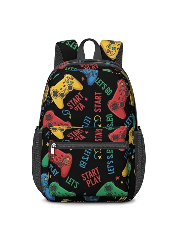 Game Controller Black Pattern 17" School Backpacks for Teens,Waterproof Oxford Fabric,S-Shape Padded Straps for School,Travel,Hiking,Camping