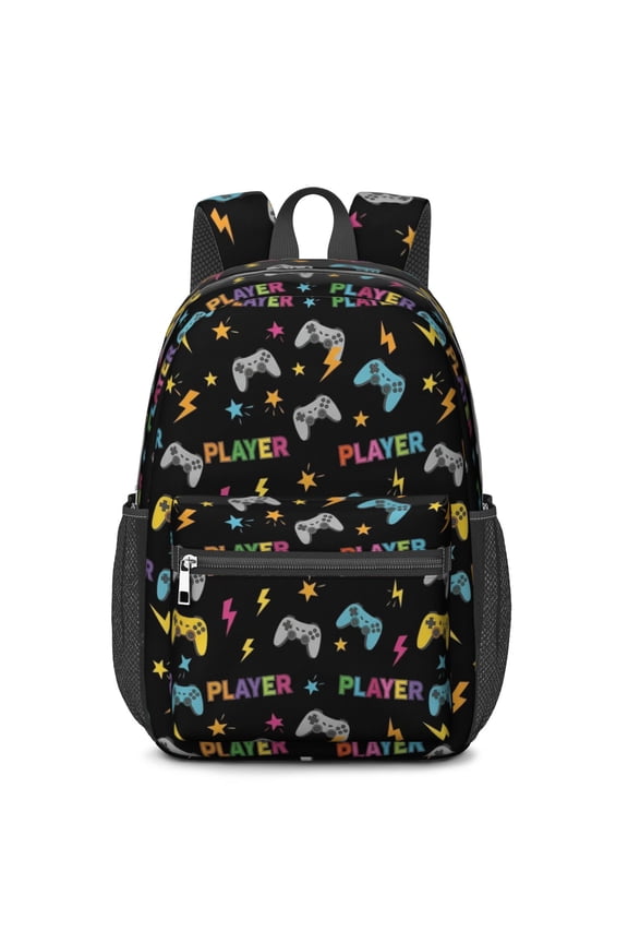 Game Controller Black Pattern 17" School Backpacks for Teens,Waterproof Oxford Fabric,S-Shape Padded Straps for School,Travel,Hiking,Camping