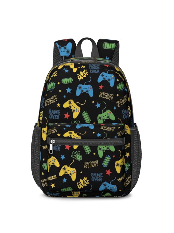 Game Controller Black Pattern 17" School Backpacks for Teens,Waterproof Oxford Fabric,S-Shape Padded Straps for School,Travel,Hiking,Camping