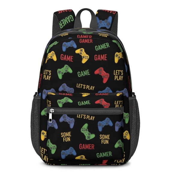 Game Controller Black Pattern 17" School Backpacks for Teens,Waterproof Oxford Fabric,S-Shape Padded Straps for School,Travel,Hiking,Camping