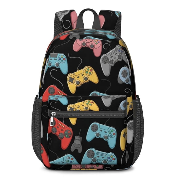 Game Controller Black Pattern 17" School Backpacks for Teens,Waterproof Oxford Fabric,S-Shape Padded Straps for School,Travel,Hiking,Camping