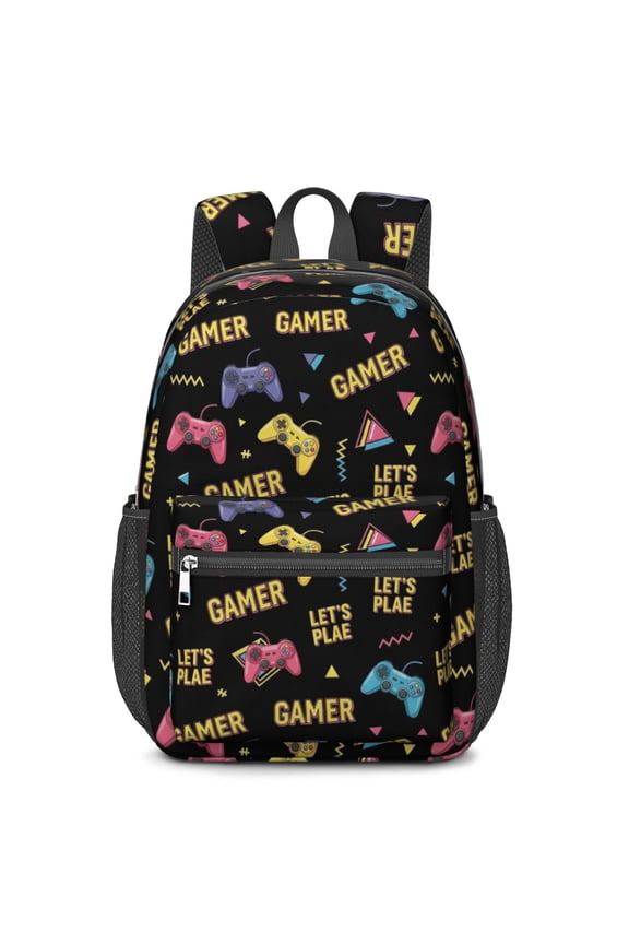 Game Controller Black Pattern 17" School Backpacks for Teens,Waterproof Oxford Fabric,S-Shape Padded Straps for School,Travel,Hiking,Camping